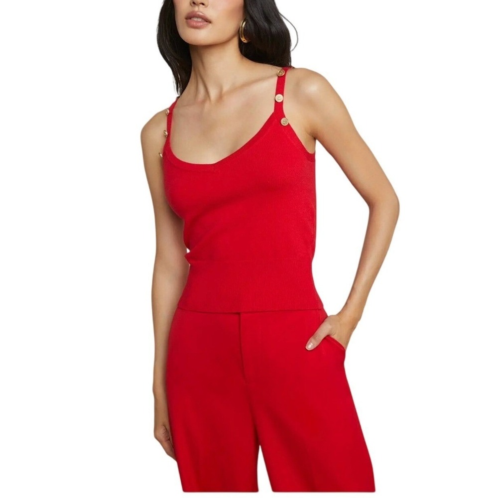 L'AGENCE Red Knit V-Neck Camisole Top with Gold Button Detail Straps SZ XL